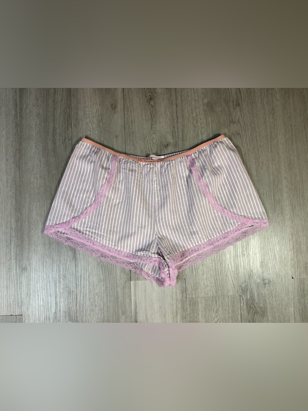 Victoria's Secret Pink White Striped Lace Trim Woven Sleep Shorts Womens XL